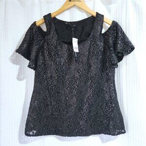 Le Chateau Shirt  Women's Small Black Shiny Lace Overlay Cold Shoulder